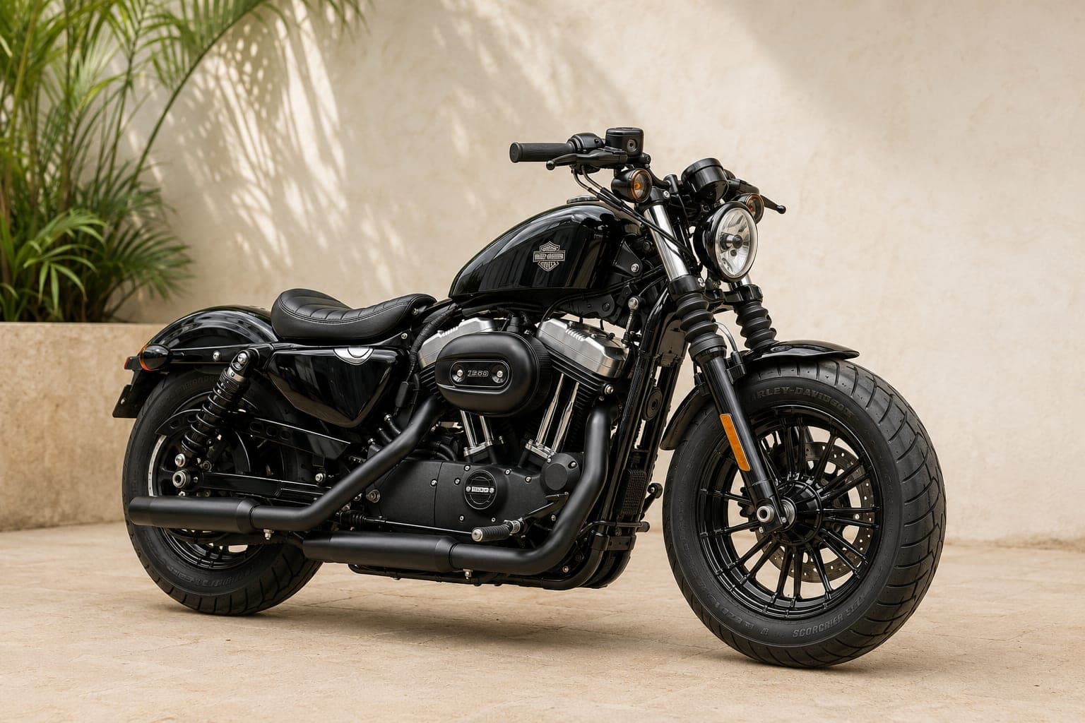Harley-Davidson Sportster Forty-Eight 1200cc cruiser motorcycle in black, available for premium rental in Bali